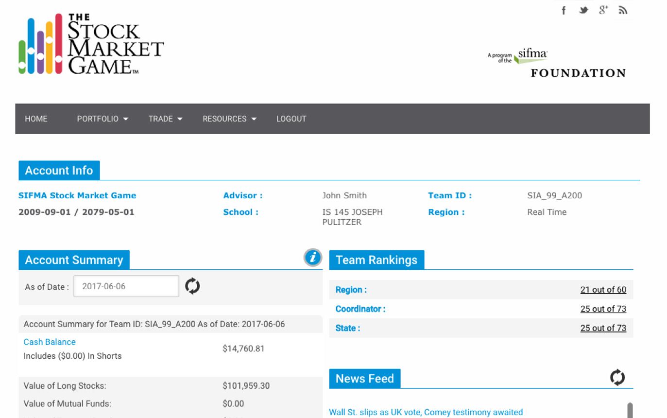 Team portfolio with account summary, rankings and news