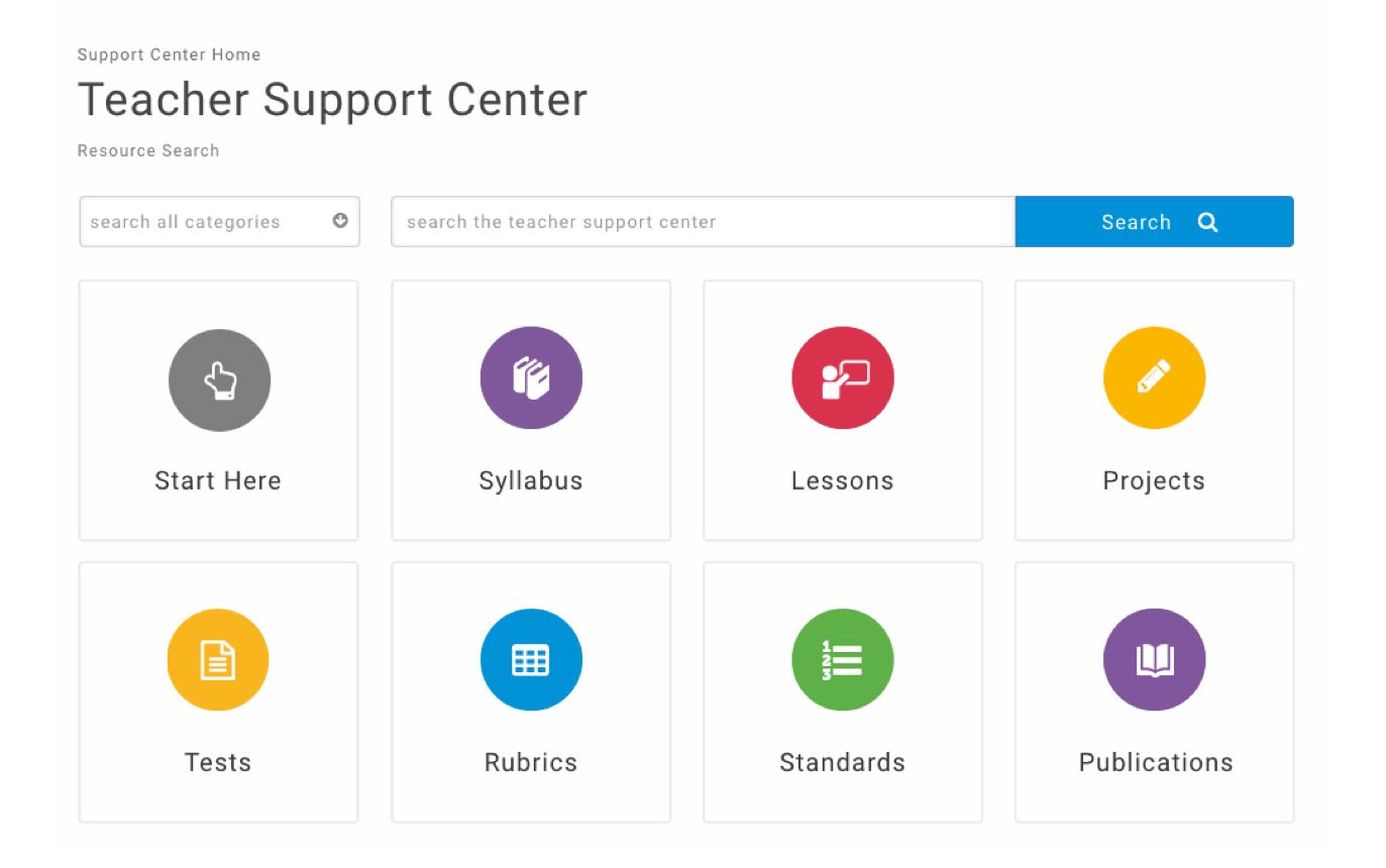 The Teacher Support Center home screen with tiles for Start Here, Syllabus, Lessons, Projects, Tests, Rubrics, Standards and Publications