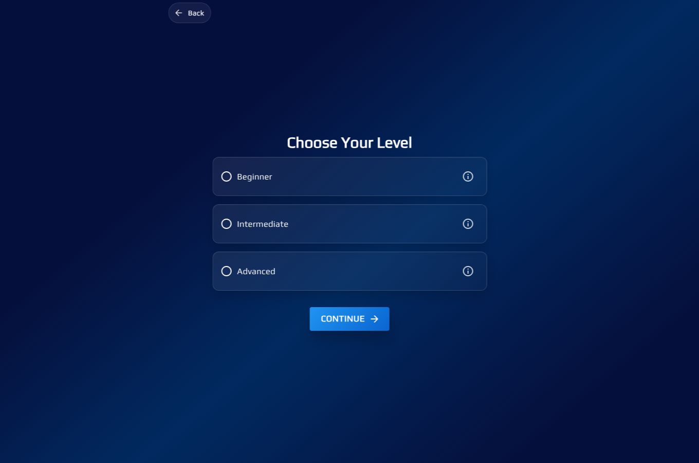 The Choose Your Level screen with Beginner, Intermediate and Advanced options