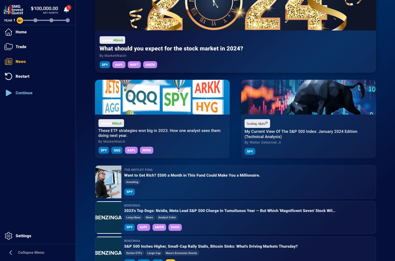 News feed with market headlines tagged by ticker